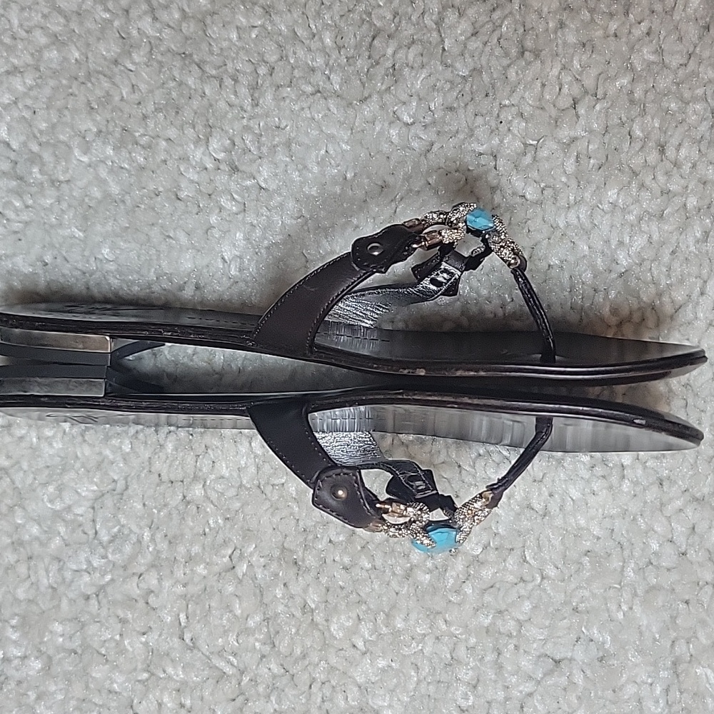 GIUSEPPE ZANOTTI Brown And  Bling Horseshoe And Turquoise Thong Slides Size 37 - Picture 10 of 15
